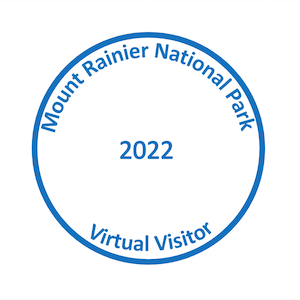 A simple stamp with text inside a circle reading "Mount Rainier National Park 2021 Virtual Visitor"