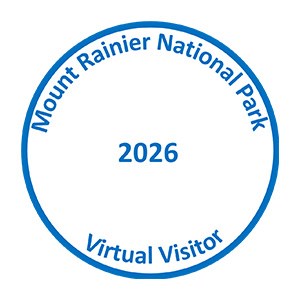 In a blue circle text reads "Mount Rainier National Park - 2025 - Virtual Visitor".