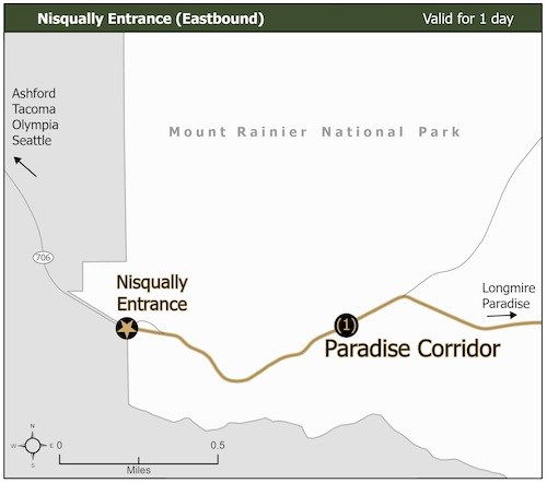 Simplified map of the southwest corner of Mount Rainier showing the Nisqually Entrance and the Paradise Corridor Road highlighted in gold.