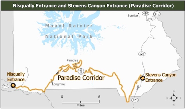 Simplified map of the southern half of Mount Rainier National Park showing a road that starts from the Nisqually Entrance in the southwest corner that connects up to Paradise than travels east across the park to the Stevens Canyon Entrance off of SR123.
