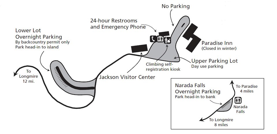Simplified map of the Paradise overnight parking area in the lower lot and the locations of the restrooms, payphone, and climbing self-registration kiosk in the upper parking lot. An inset map shows the Narada parking area.