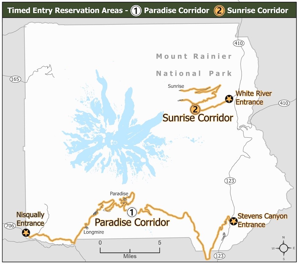 Simplified map of Mount Rainier National Park with two sets of roads highlighted: 1) Paradise Corridor from Nisqually to Stevens Canyon Entrances on the south side of the park and 2) Sunrise corridor in the northeast corner of the park off of SR410.