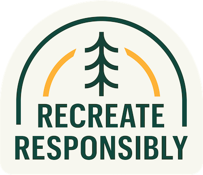 Graphic with the words Recreate Responsibly underneath a simple tree design intersecting with a yellow arched line under a green arched line.