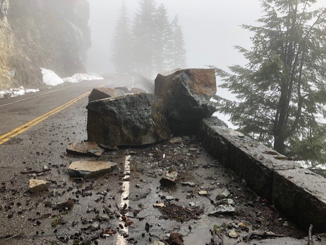Large boulders in the roadway on Stevens Canyon Road.
