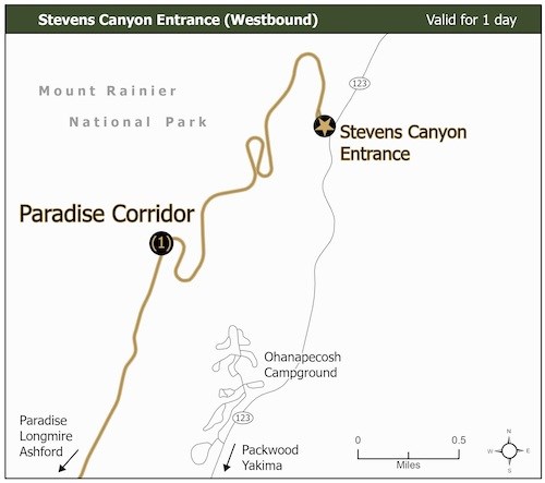 Simplified map of the southeast entrance of Mount Rainier showing the Stevens Canyon Entrance along SR123 just north of the Ohanapecosh Campground area. Stevens Canyon Road, part of the Paradise Corridor, is highlighted in gold.