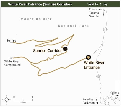 Simplified map of the White River Entrance of Mount Rainier with the road connecting to White River Campground and then Sunrise.