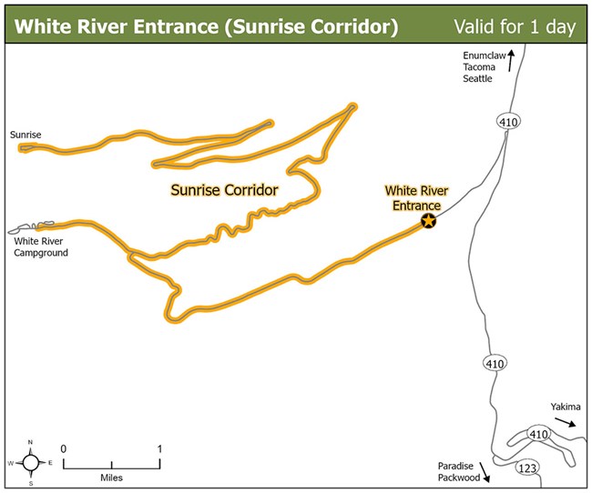Simplified map of the northeast corner of Mount Rainier National Park showing the White River Entrance and the highlighted-yellow White River and Sunrise Roads labeled as the "Sunrise Corridor".