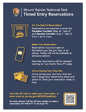Photo of the Timed Entry Reservations Flyer which summarizes the process to make a reservation with a QR code to scan.