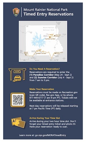 Timed entry reservation flyer with a map of reservation corridors and a QR code for making a reservation.