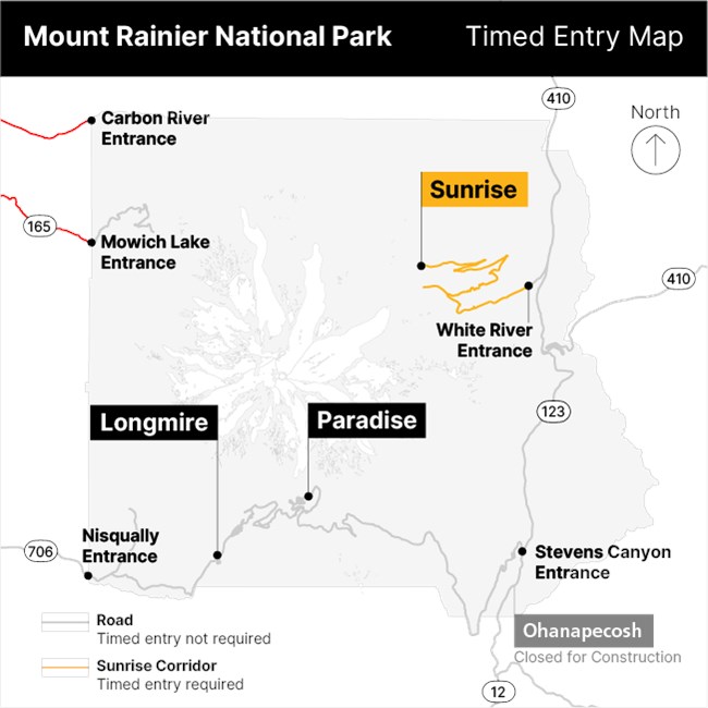 Simplified map of Mount Rainier National Park showing only the roads that connect and enter the park. The White River and Sunrise Roads in the northeast corner of the park are highlighted in yellow to indicate the Sunrise Corridor.