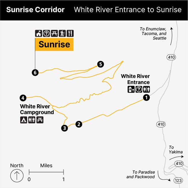 Simplified map of the northeast corner of Mount Rainier National Park showing the White River entrance and the highlighted yellow White River and Sunrise Roads labeled Sunrise Corridor.