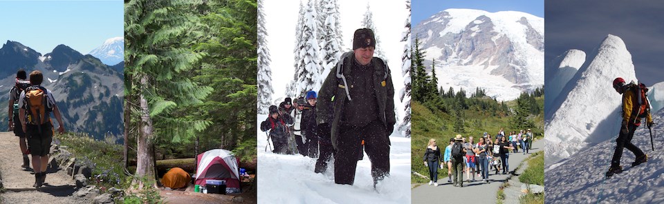 Five images showing left to right: hikers, a campsite, a ranger leading snowshoers, a ranger leading a school group, and a climber on a steep snow slope. Five images showing left to right: hikers, a campsite, a ranger leading snowshoers, a ranger leading a school group, and a climber on a steep snow slope.