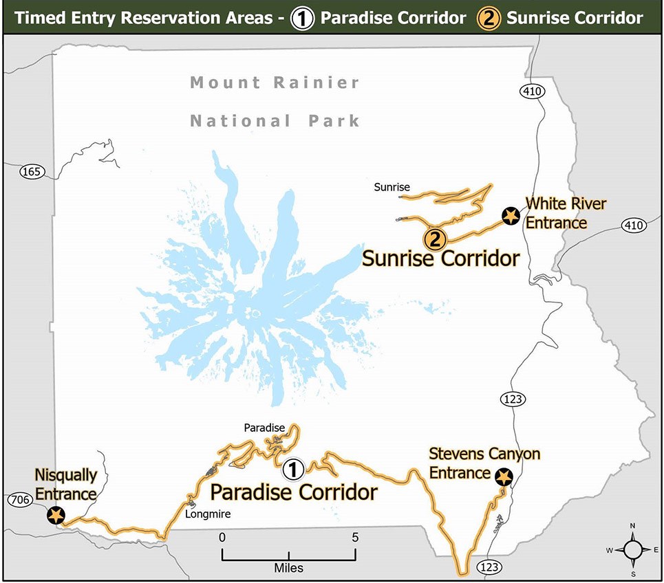 Simplified map of Mount Rainier National Park with two sets of roads highlighted: 1) Paradise Corridor from Nisqually to Stevens Canyon Entrances on the south side of the park and 2) Sunrise corridor in the northeast corner of the park off of SR410.