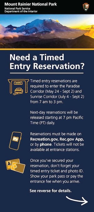 Timed entry reservation rack card front side with text on how to reserve a reservation.