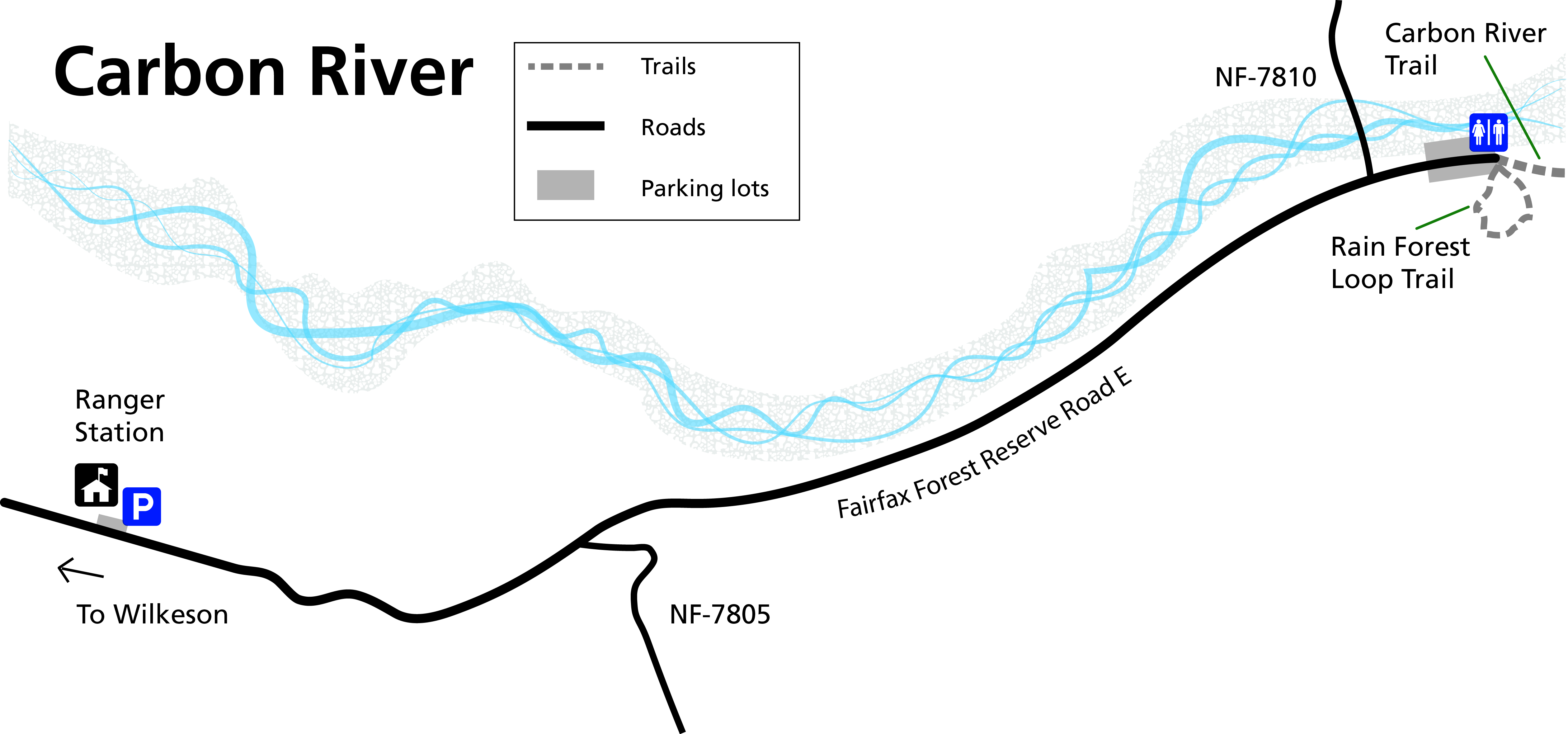 A simplified map highlighting accessible features at the Carbon River area.