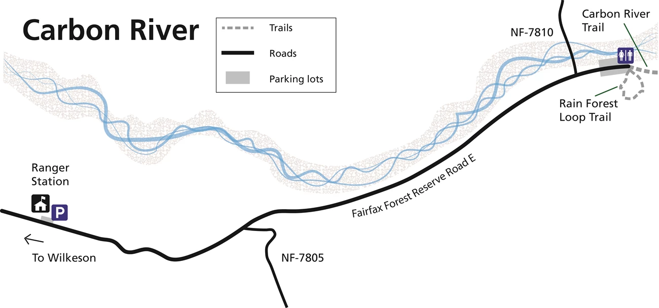 Carbon River Area Accessibility Map A simplified map highlighting accessible features at the Carbon River area.