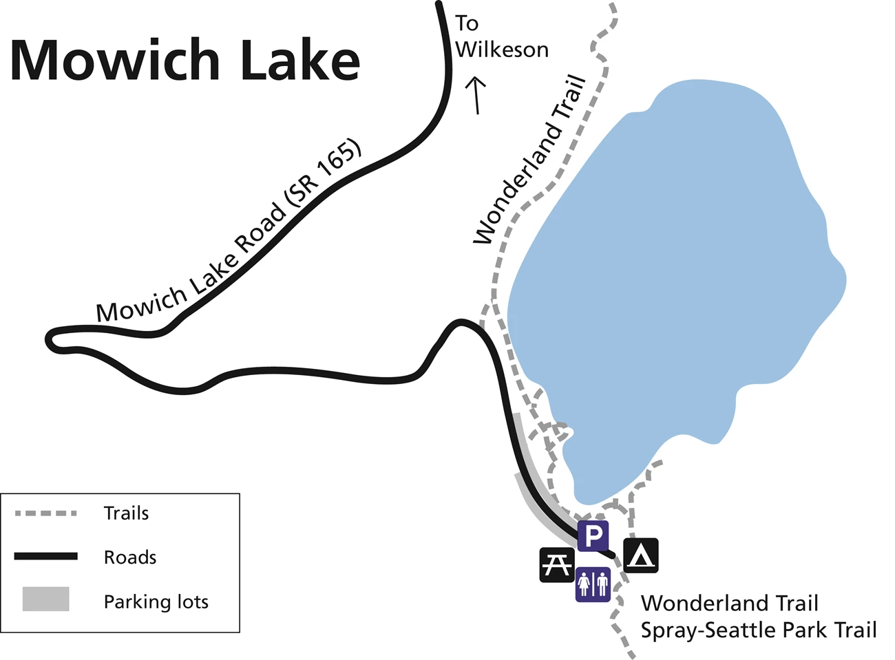 Accessibility at Mowich Lake Simplified map of the accessible features at Mowich Lake.