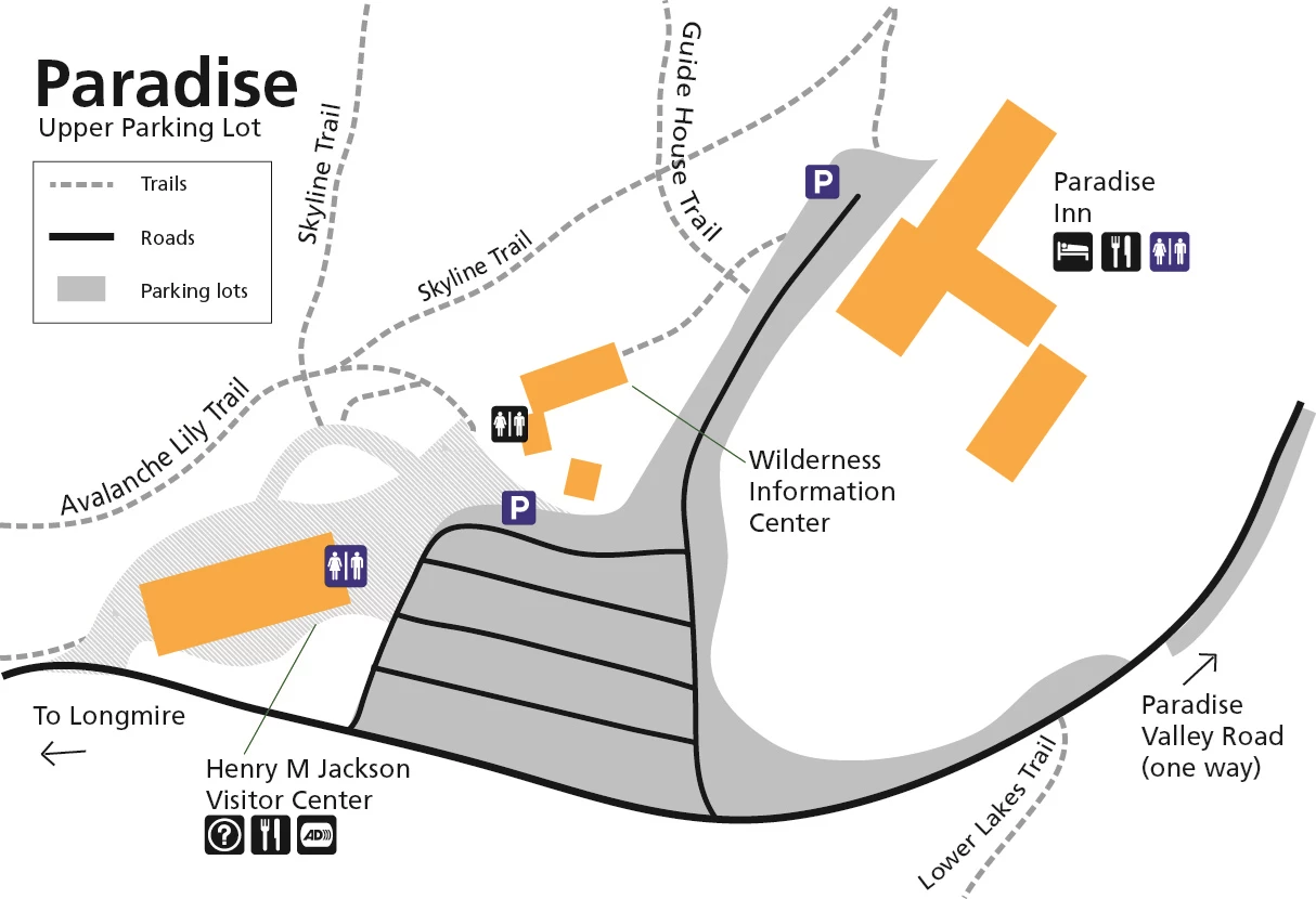 Paradise Main Parking Area A simplified map showing accessibility features around Paradise