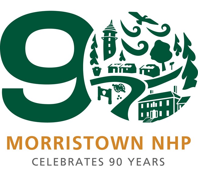 Logo for the 90th anniversary of Morristown National Historical Park--it incoporates images of different park landmarks