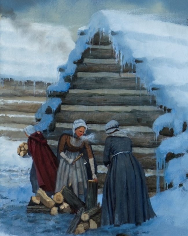 painting of women in 18th century clothes outside a log cabin