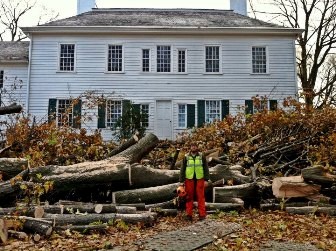 Park Staff cutting up the large trees that fell behind the Ford Mansion