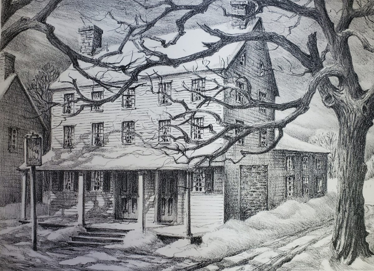 A sketch drawing of a three story tavern building with a porch and two doors in a winter scene.