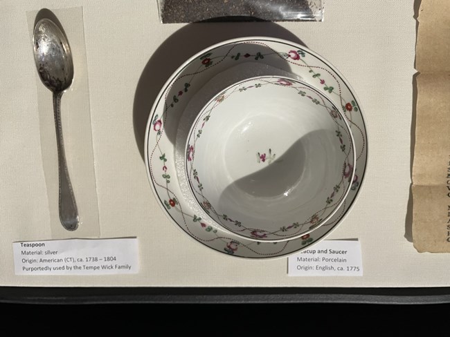 A cup on a saucer, both decorated with images of pink-purple flowers and vines around their edges, on display next to a silver teaspoon in a museum case.