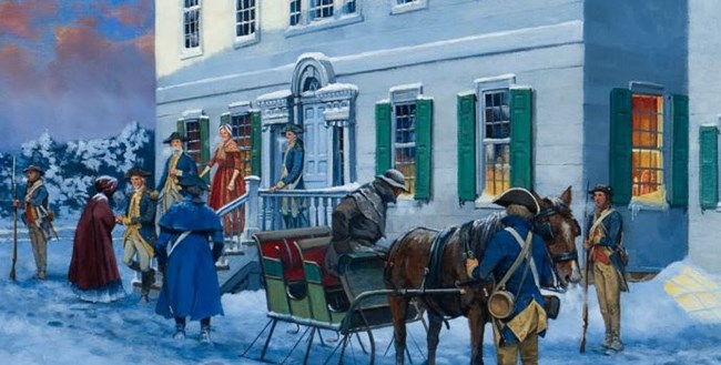 Painting of the white Ford Mansion. George Washington and others have come out of the building to great Martha Washington upon her arrival.