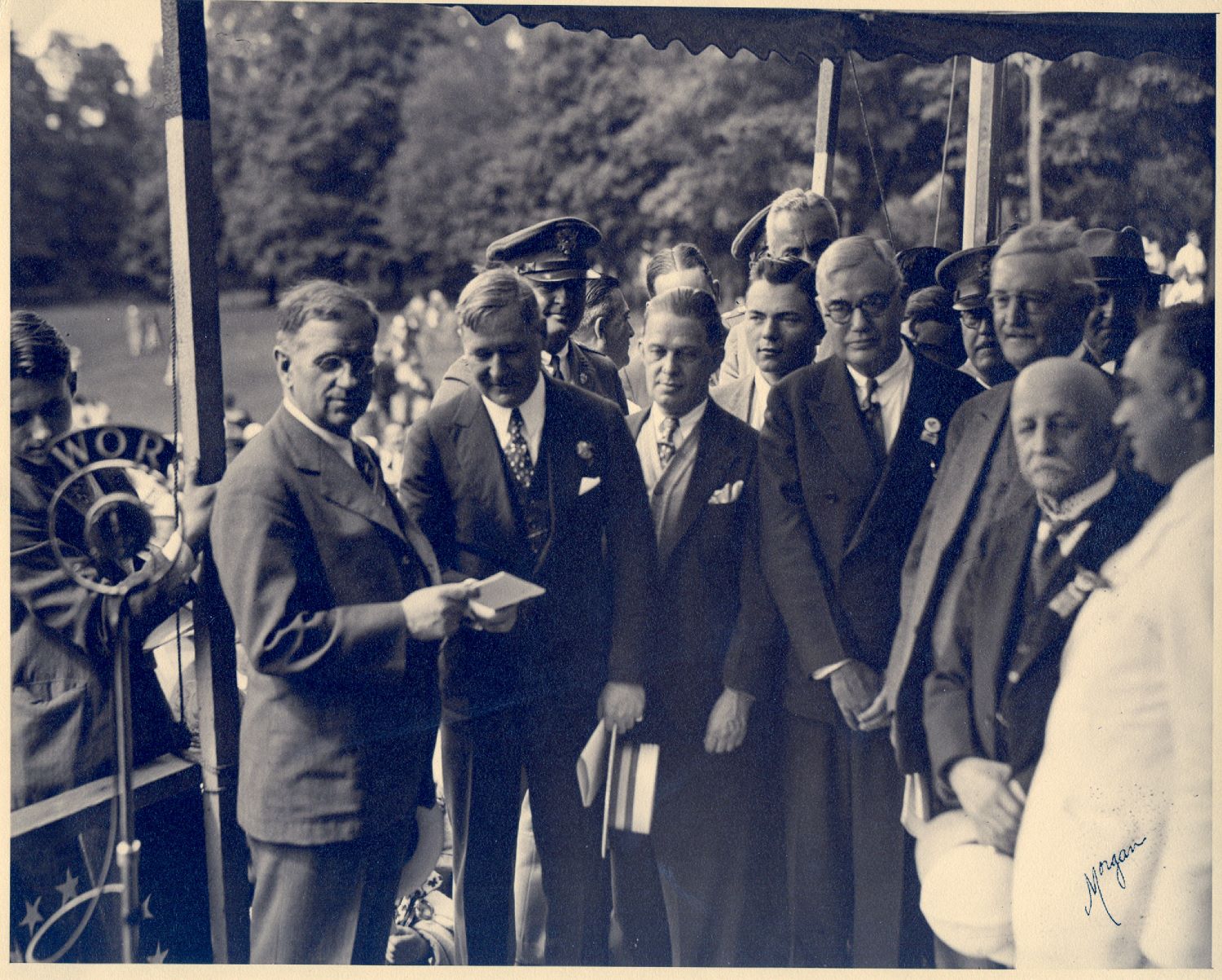 Dignitaries on a podium dedicating Morristown National Historical Park in 1933. A group of men, including Secretary of the Interior Harold L. Ickes, New Jersey Governor A. Harry Moore and Morristown Mayor Clyde Potts among others, on a podium at the park's 1933 dedication.