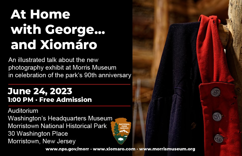 Postcard with black background and white lettering and a picture of a soldiers coat announcing illustrated talk by Xiomaro on June 24th.