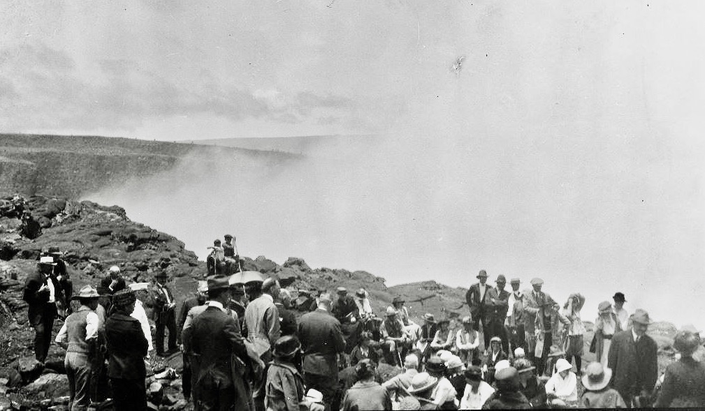 Park dedication ceremony, Hawaii Volcanoes National Park, 1921, via Library of Congress (1) Large group of men and women standing on what looks like the edge of a volcano for the dedication of Hawaii Volcanoes National Park in 1921