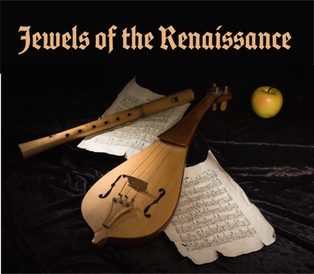 Sheet music, renaissance musical instruments, and and apple along with the words Jewels of the Renaissance.