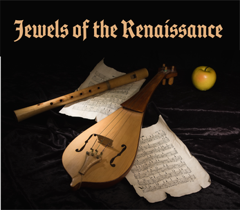 Jewels of the Renaissance concert Sept. 10 at 1pm Sheet music, renaissance musical instruments, and and apple along with the words Jewels of the Renaissance.