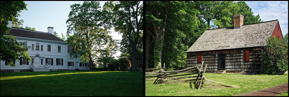Two photographs side-by-side. The photo to the left is of a large white house that is surrounded by green trees and grass. The photo to the right shows a wooden and shingled farmhouse that has a wooden fence in front and some large trees next to it.