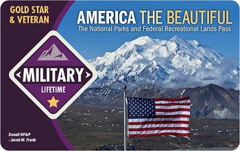 Front side of the Lifetime Military Pass, a photo of Denali and pass title