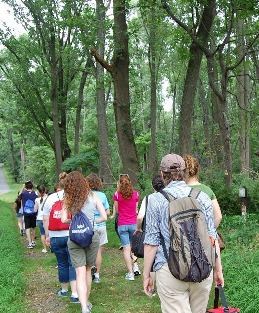 A group of visitors enjoy a hike on a park trail.