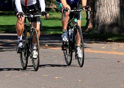 Two bicycles with riders on a paved road