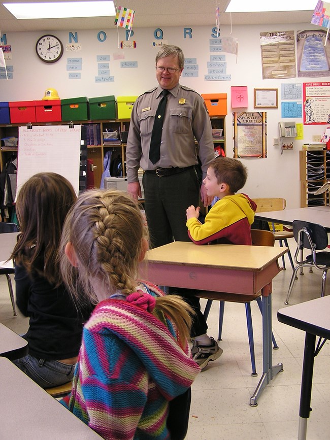 A Mount Rushmore park ranger visiting a local classroom. A Mount Rushmore park ranger visiting a local classroom.