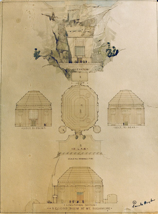 Watercolor drawings created by Lincoln Borlgum showing the entrance and interior views of the proposed Hall of Records.