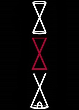 Three part diagram depicting different versions of an hourglass shape: one red and simple two dimensional design, a second three dimension, and a third showing a tipi with two poles extending from bottom.