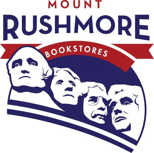 Mount Rushmore Bookstores Logo in red and blue with the words Mount Rushmore at the top, the word bookstores arced across the middle and an illustration of the carved faces of Mount Rushmore on the bottom.