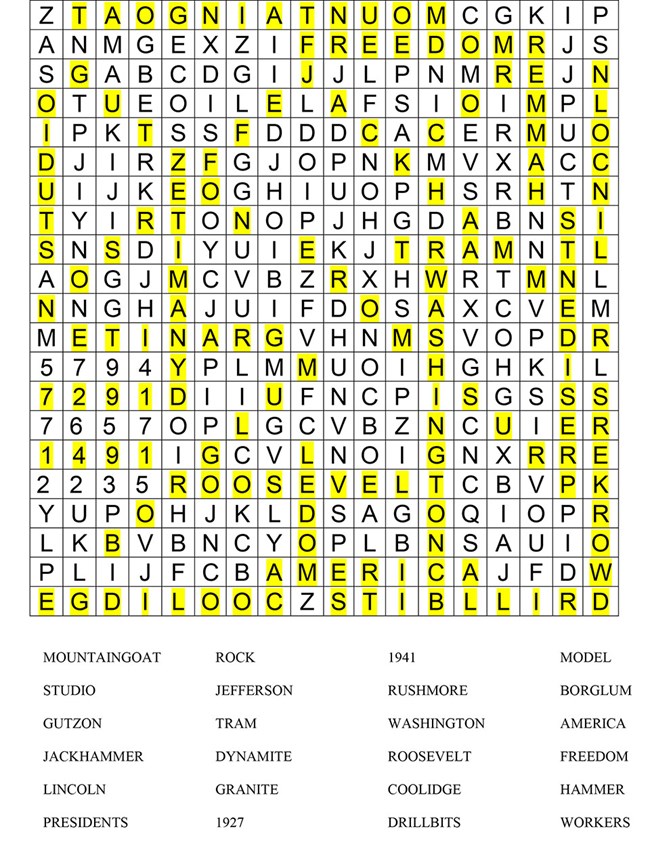 Answer key for the Mount Rushmore National Memorial Word Search.