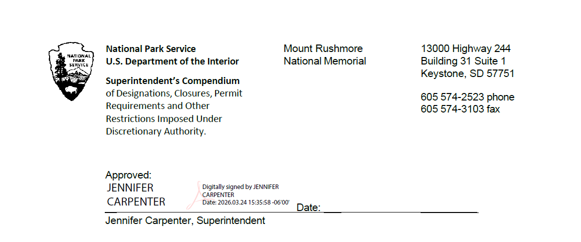Header page of Mount Rushmore National Memorial's Superintendent's Compendium with a digital signature from Superintendent Jennifer Carpenter.