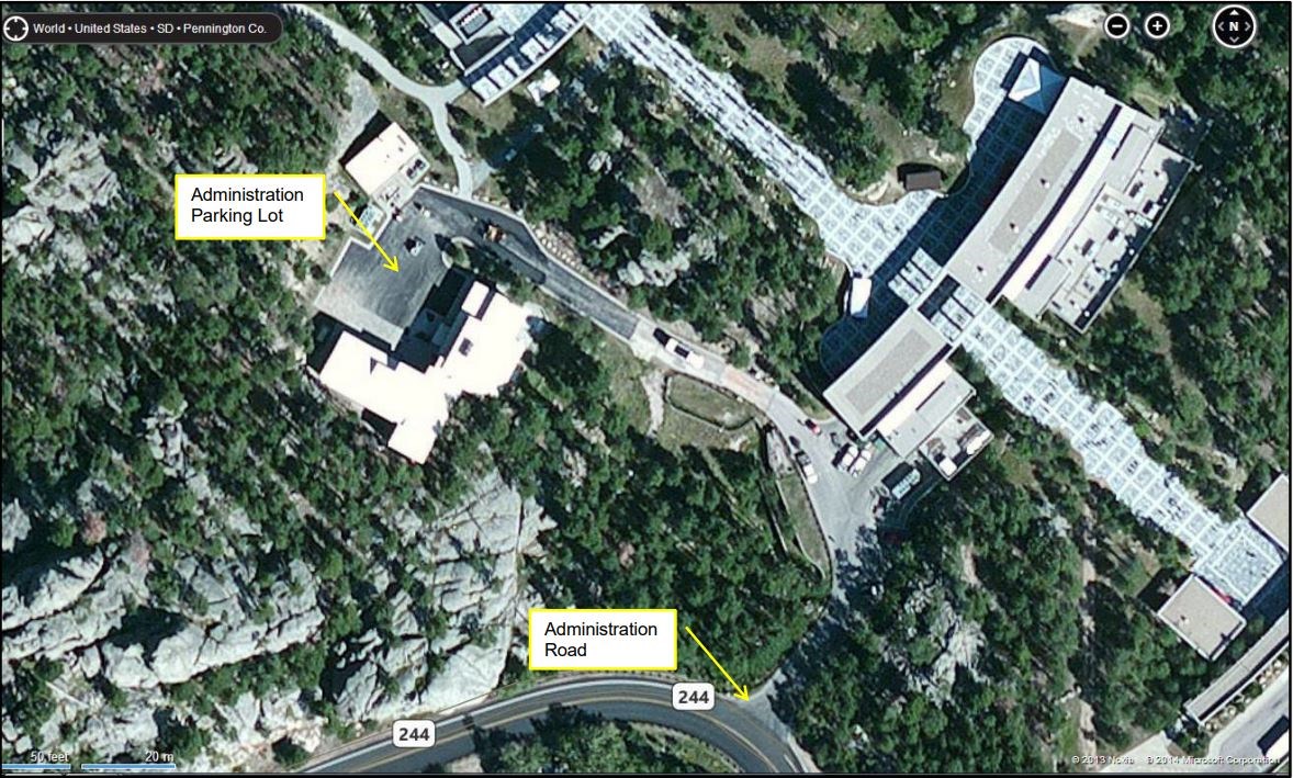 Aerial view showing location of the administration road and parking lot, which are closed to the public.