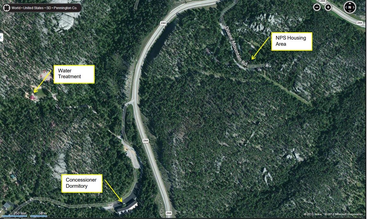 Aerial view of locations of NPS housing area and concession dormitory, both areas closed to the public.