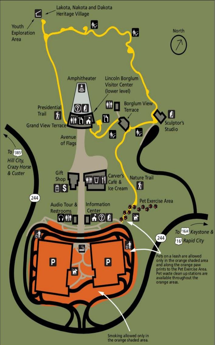 Map of the grounds of Mount Rushmore showing locations of pet area and smoking area in an around the parking garage near the bottom of the map.