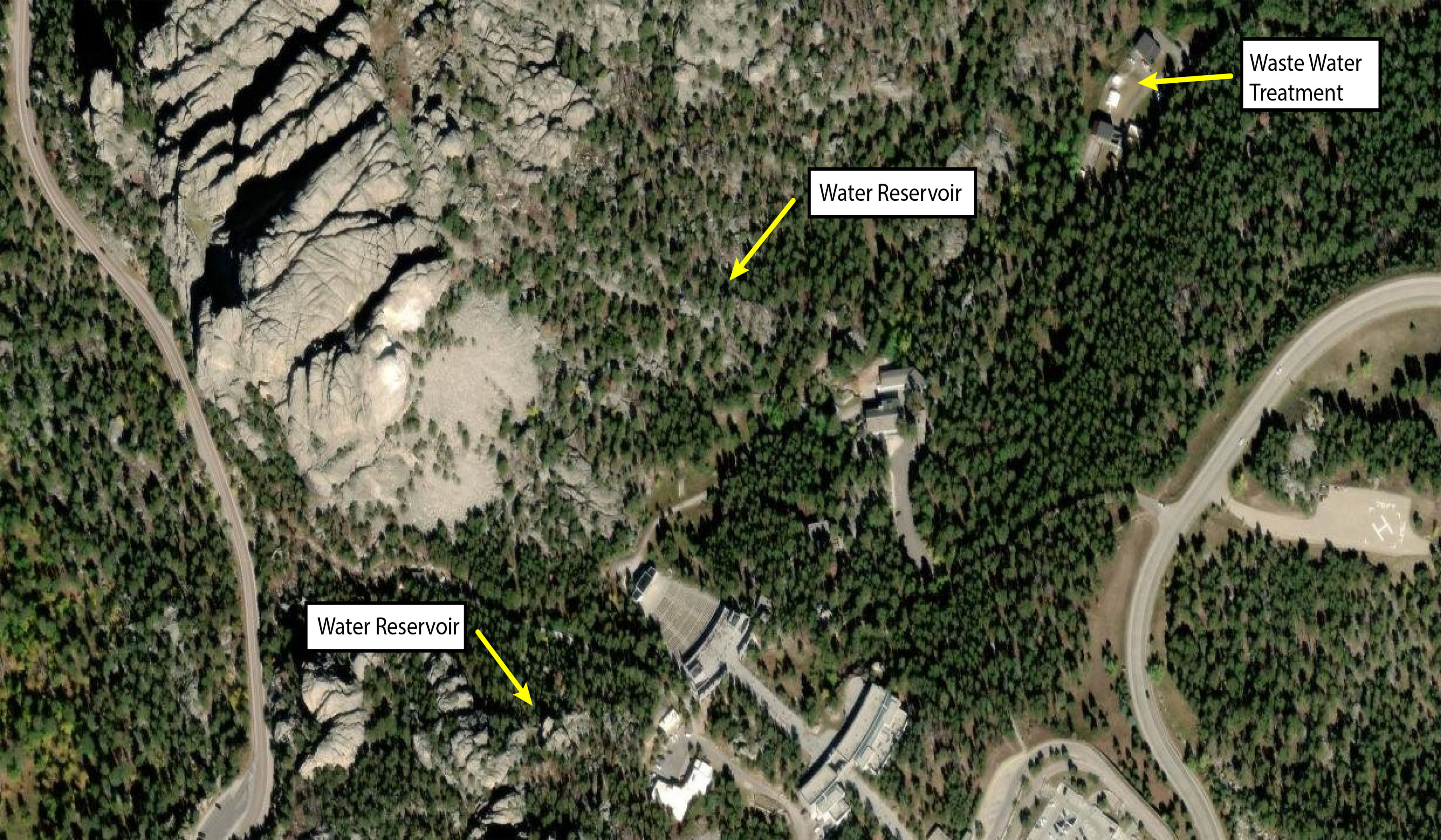 Aerial image showing locations of water reservoirs and wastewater treatment plant, which are closed areas for the public.