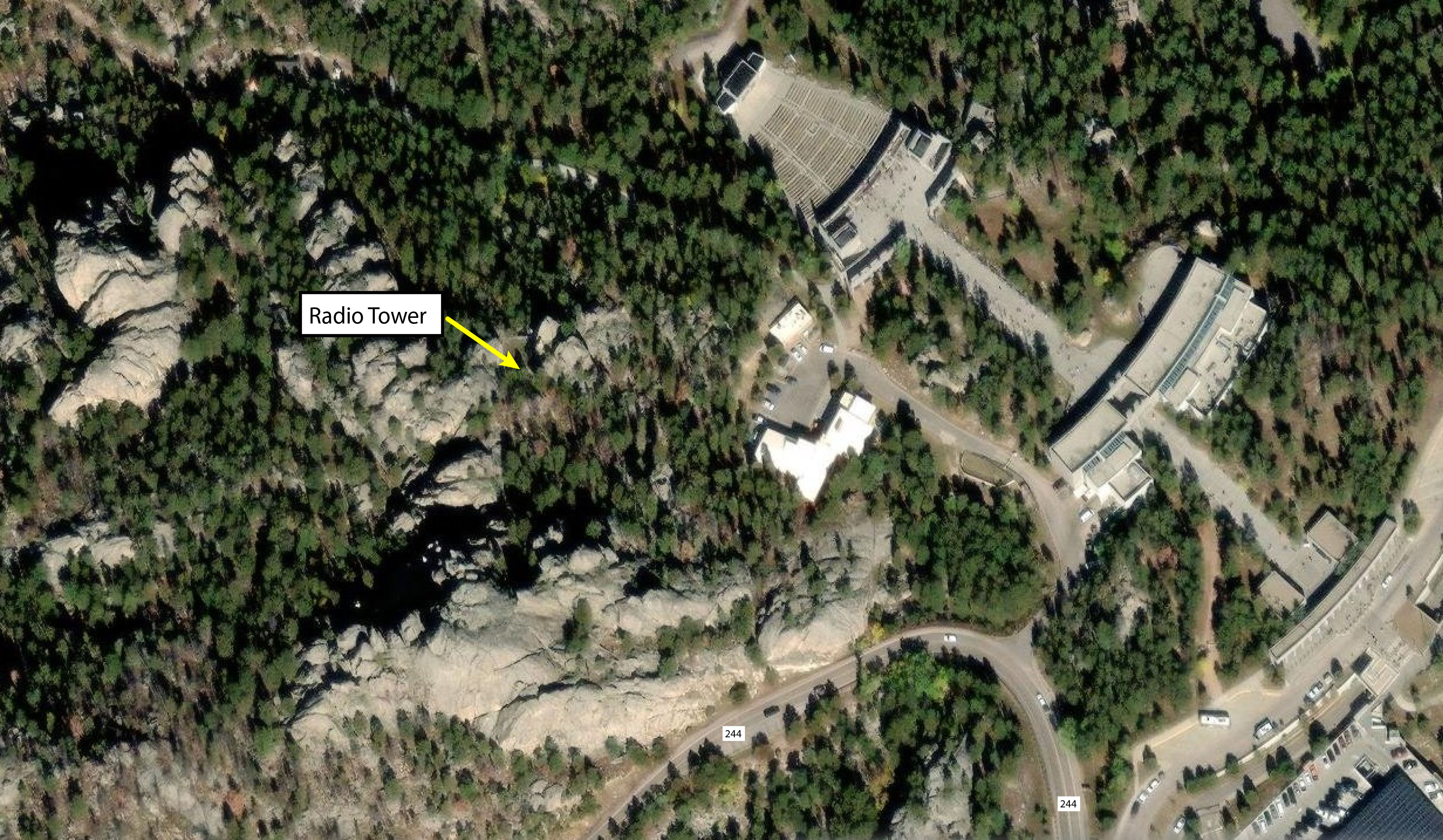 Aerial view of location of radio tower, which is closed to the public.