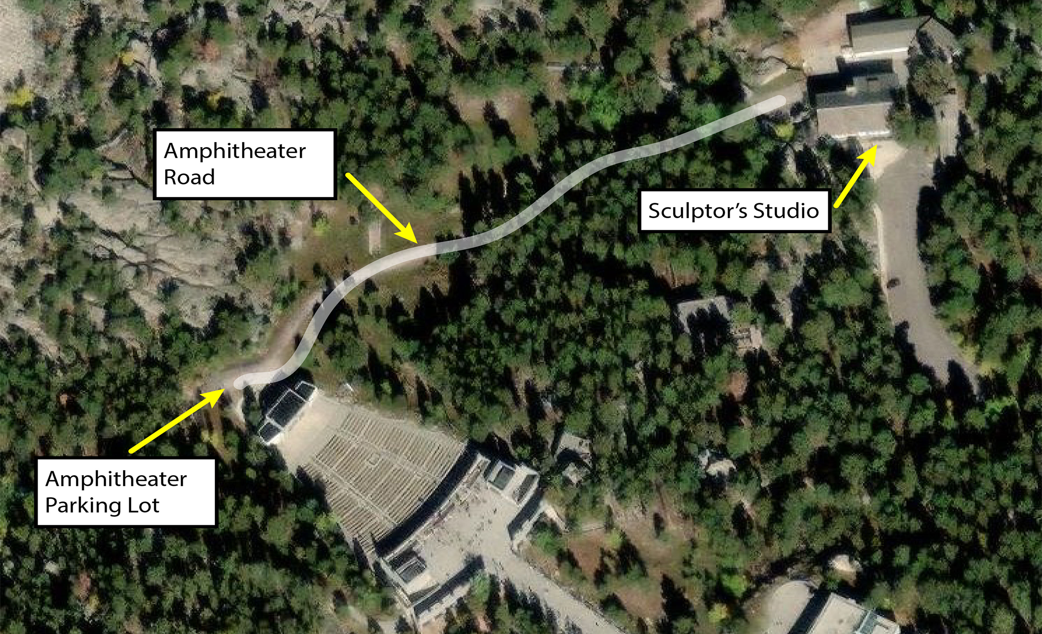 Aerial view showing the amphitheater road and parking lot, which are closed to the public one hour before to one hour after the Evening Lighting Program.