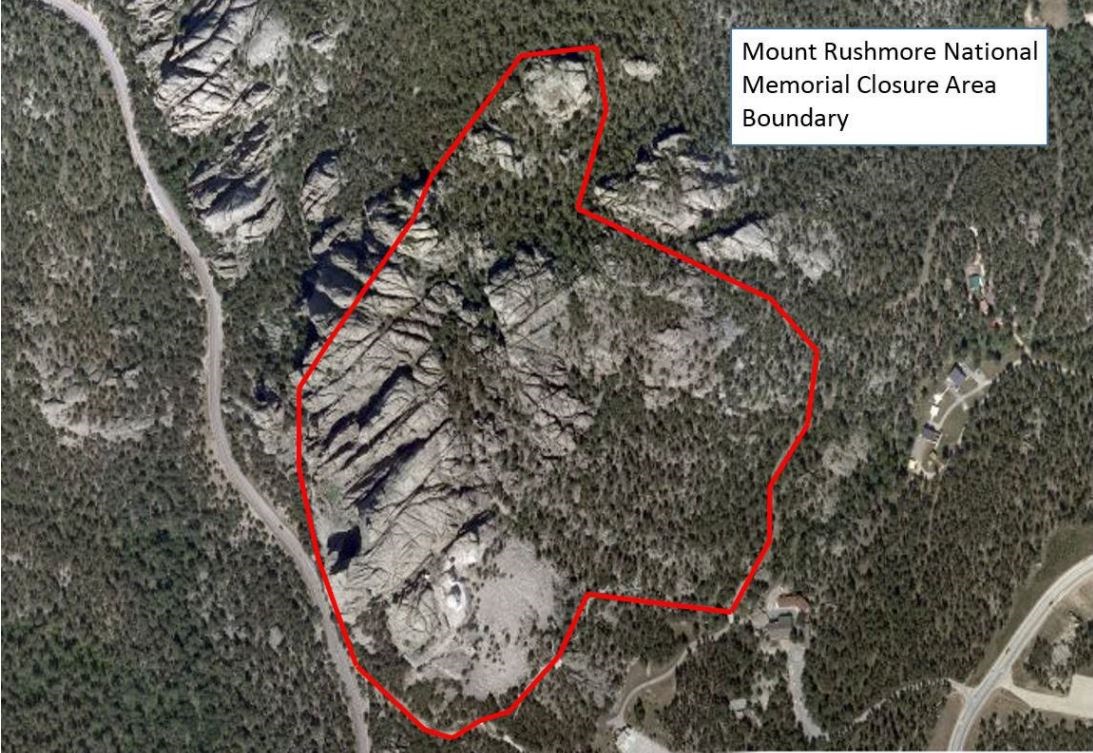 Aerial view of Mount Rushmore showing area closed to visitors.